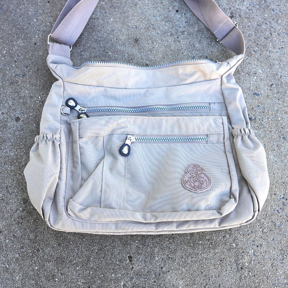 Mintegra Womens Large Beige Nylon Multi Pocket Crossbody Bag Travel Purse Flaw